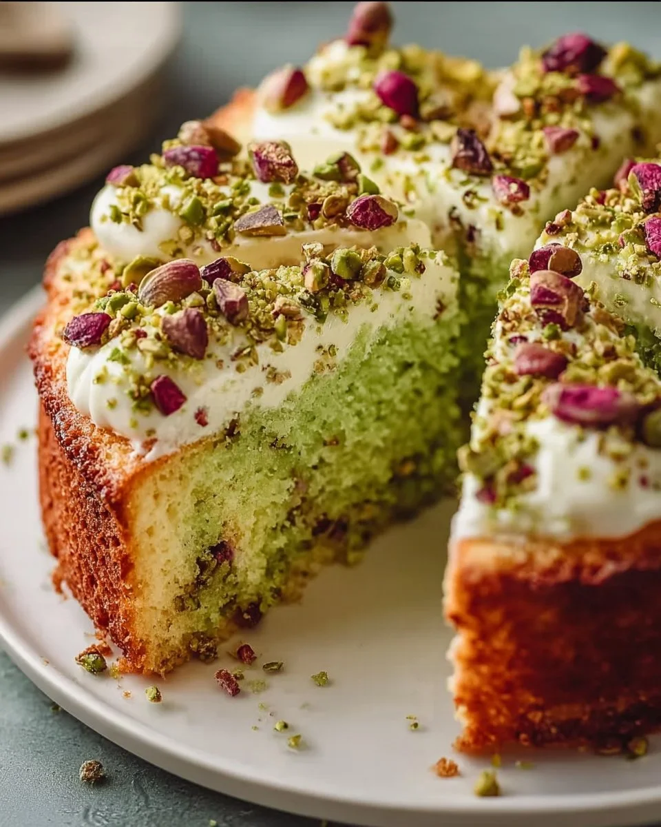 Delicious homemade pistachio cake topped with frosting and chopped pistachios
