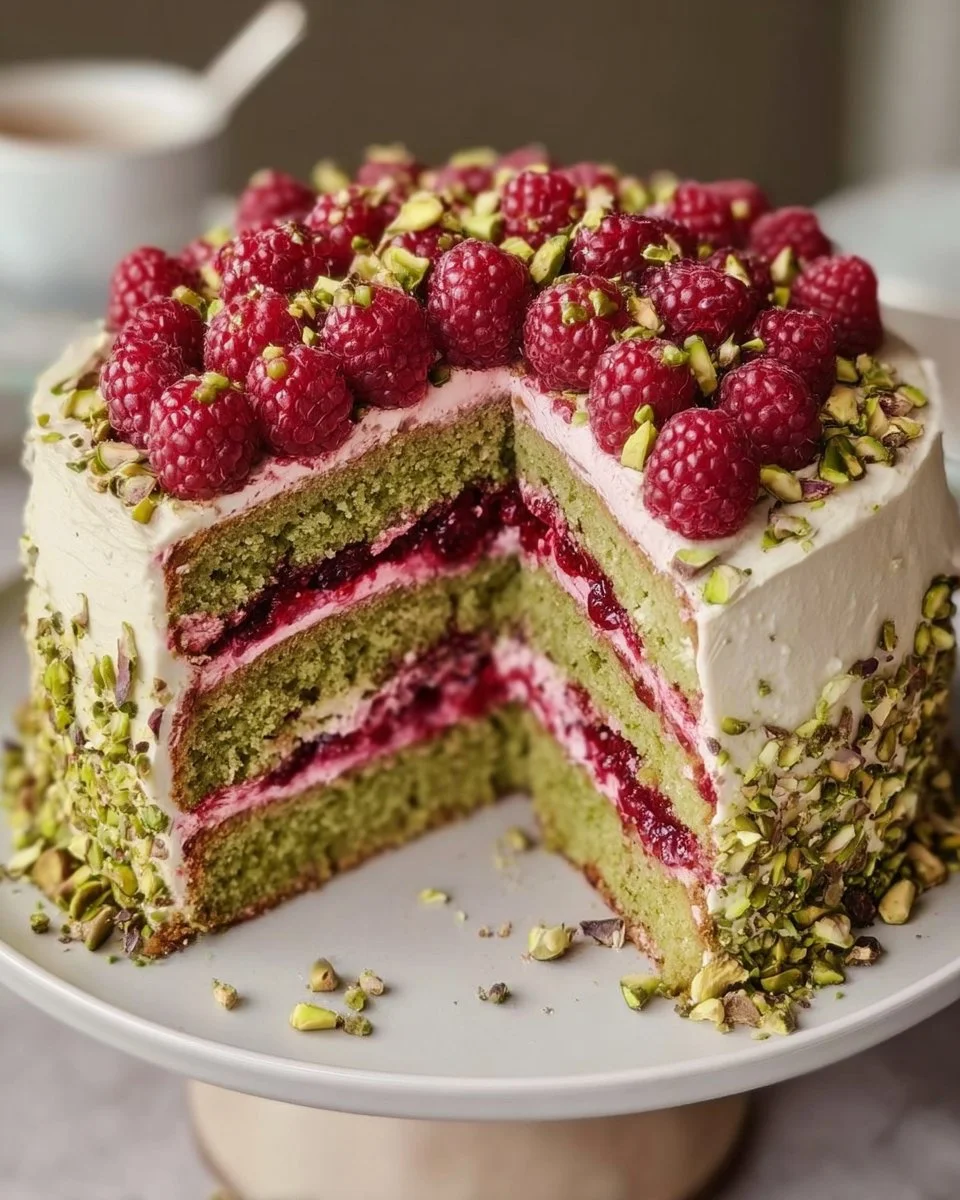 Pistachio Raspberry Cake topped with fresh raspberries and pistachios.