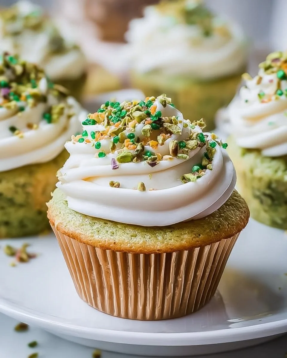 Pistachio cupcakes decorated for St. Patrick's Day with green frosting and sprinkles