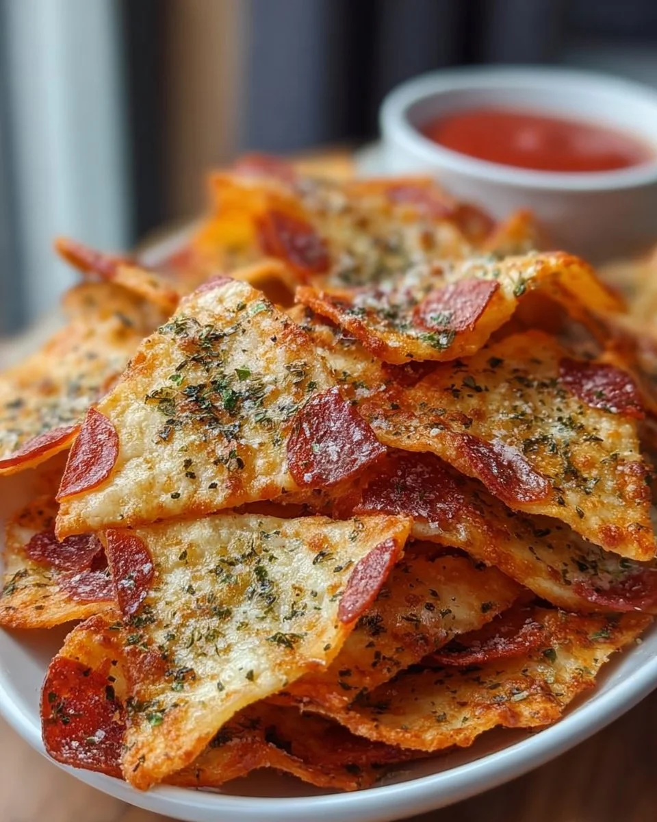 A plate of delicious, crunchy pizza chips garnished with herbs.
