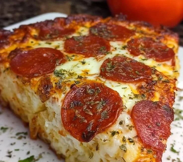 Pizza Style Cottage Cheese Bake topped with cheese and vegetables