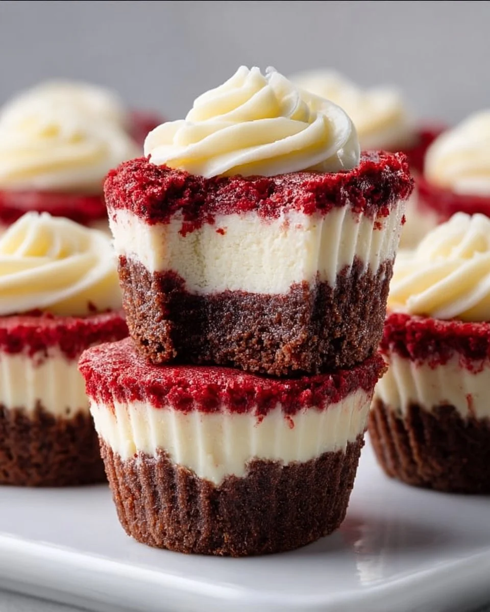 Red velvet brownies with mini cheesecakes on top, perfect dessert treat.