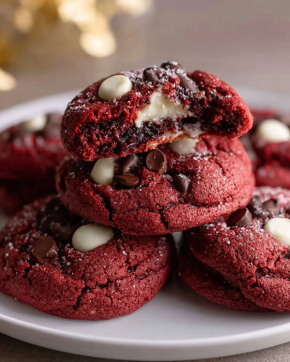 Red Velvet Hot Chocolate Cookies with melted chocolate and festive sprinkles