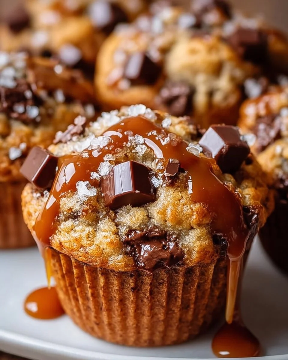 Freshly baked salted caramel chocolate chunk muffins on a cooling rack.