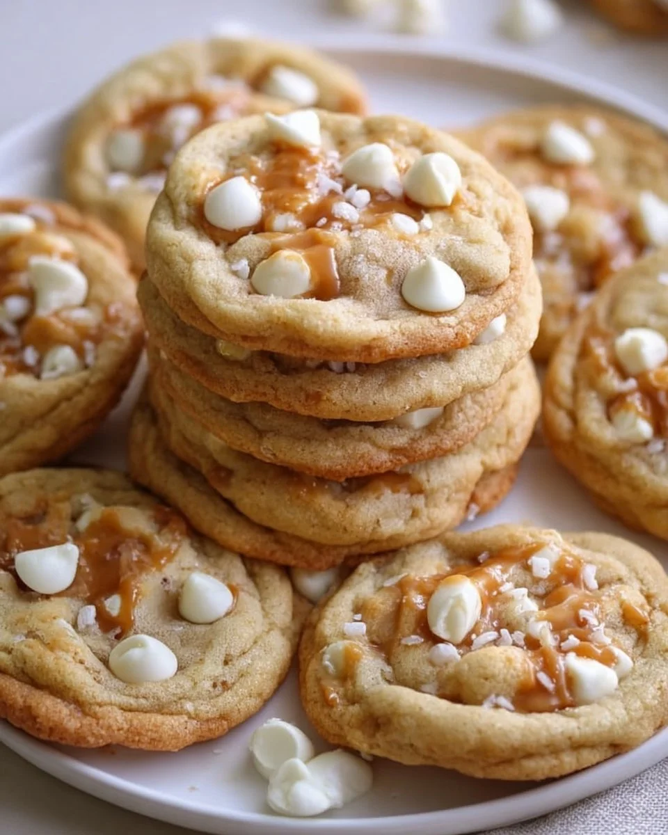 Delicious salted caramel white chocolate cookies on a plate