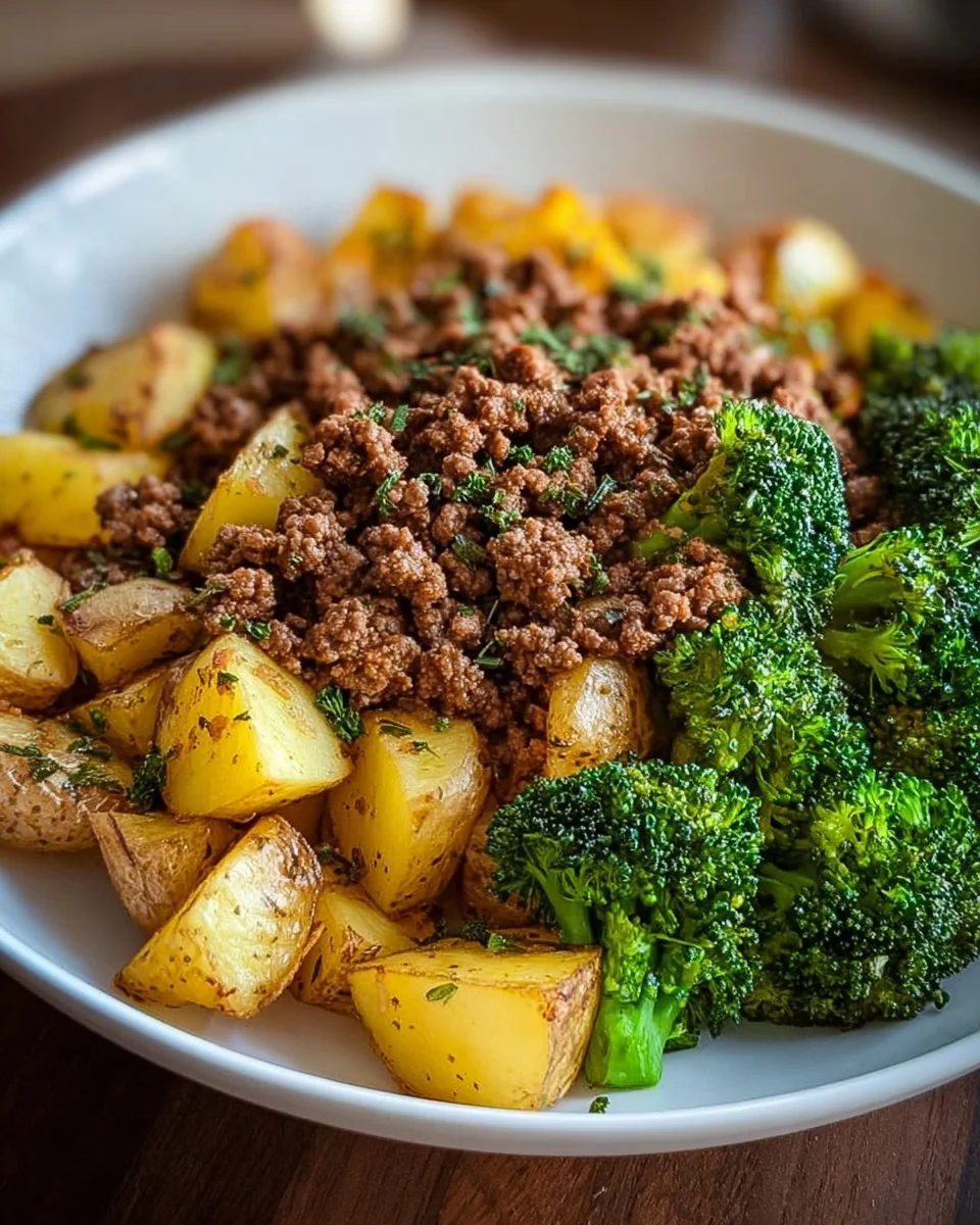 Savory ground beef dish served with herb-roasted potatoes and steamed broccoli