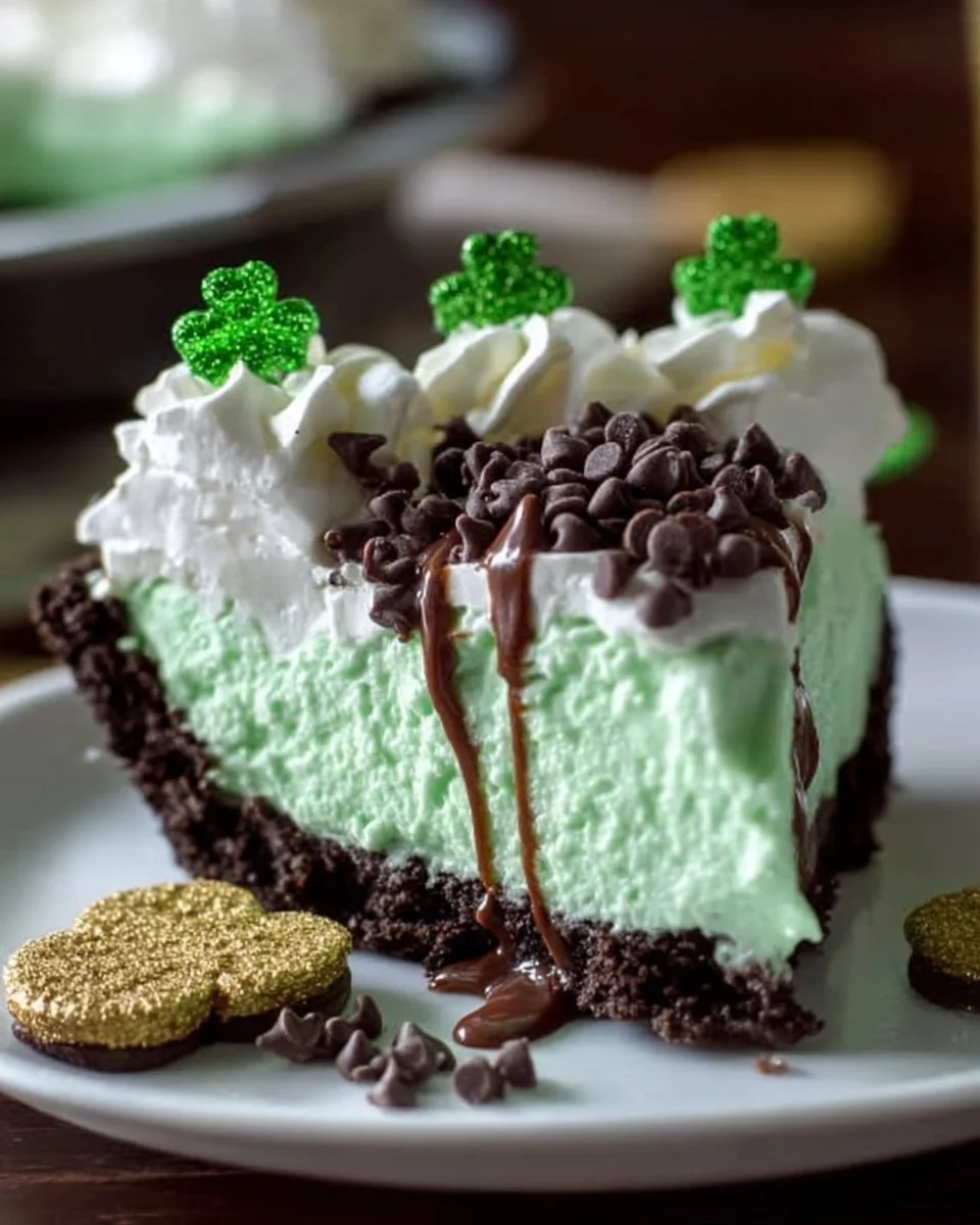 Shamrock Mint Chocolate Pie decorated with mint leaves and chocolate curls