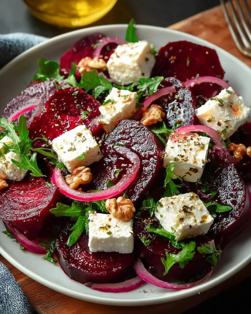 Colorful beetroot feta salad topped with fresh herbs, perfect summer dish.