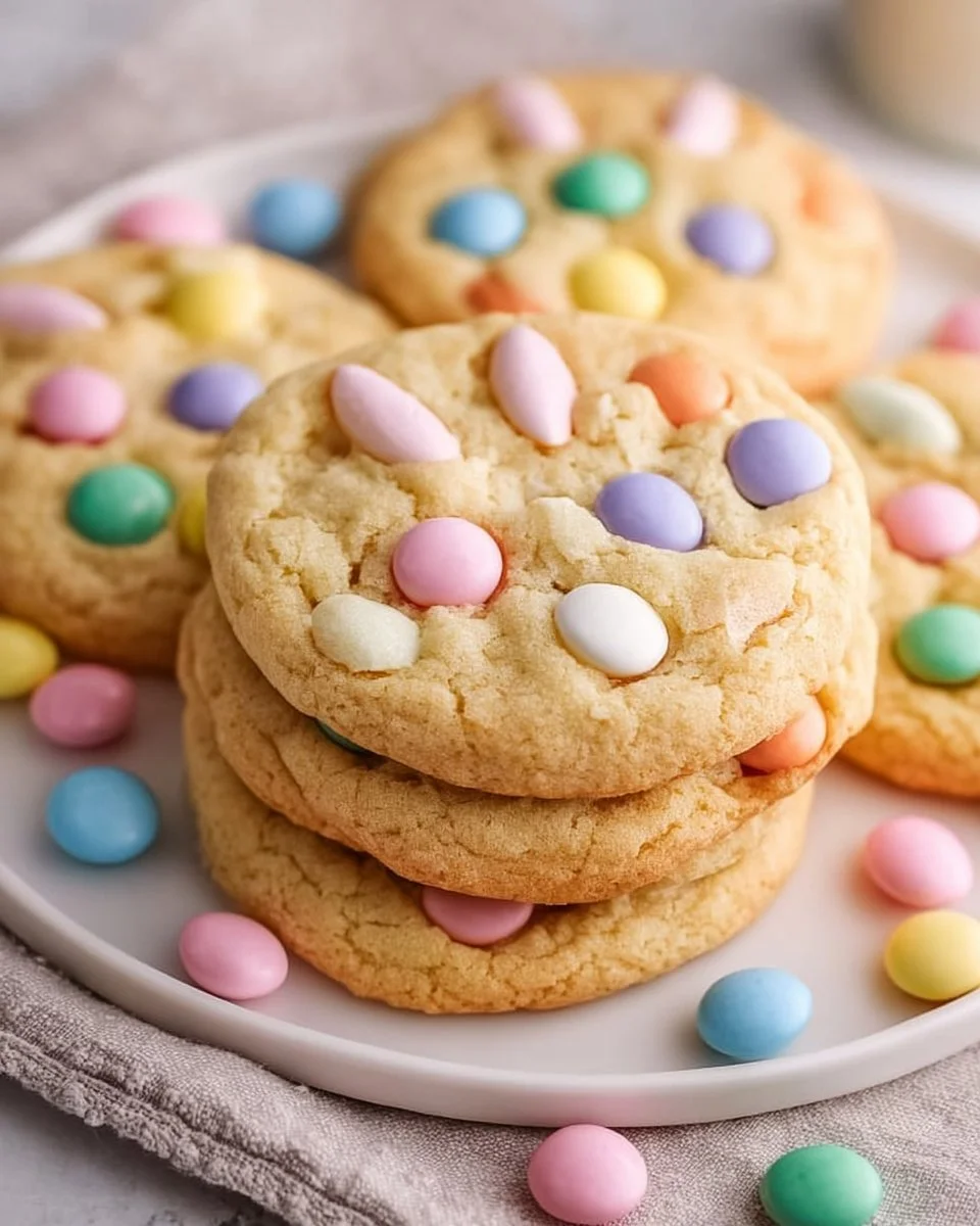 Simple M&M Bunny Cookies decorated with colorful candies for Easter