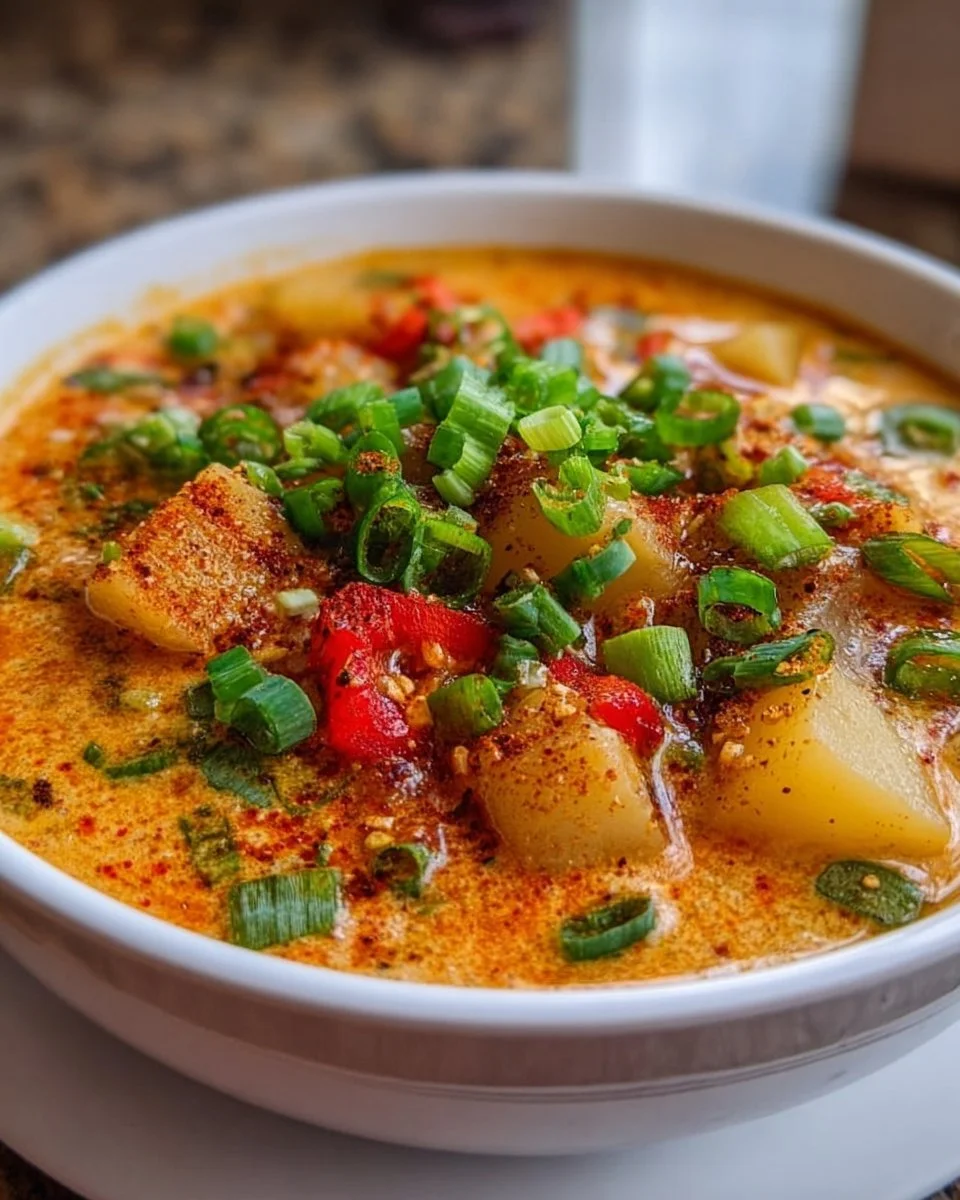 Bowl of spicy Cajun potato soup garnished with herbs