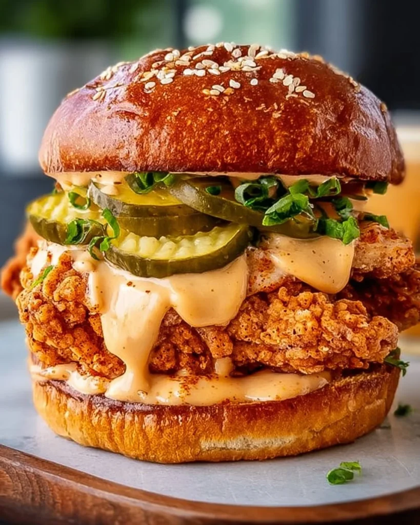 Spicy chicken sandwich with creamy homemade sauce on a plate