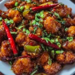 Crispy Spicy Indo-Chinese Dragon Chicken served with vibrant vegetables