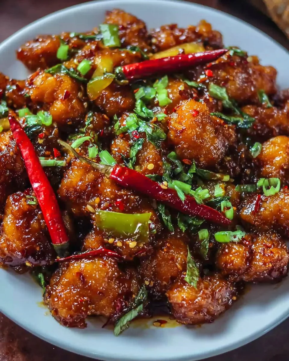 Crispy Spicy Indo-Chinese Dragon Chicken served with vibrant vegetables