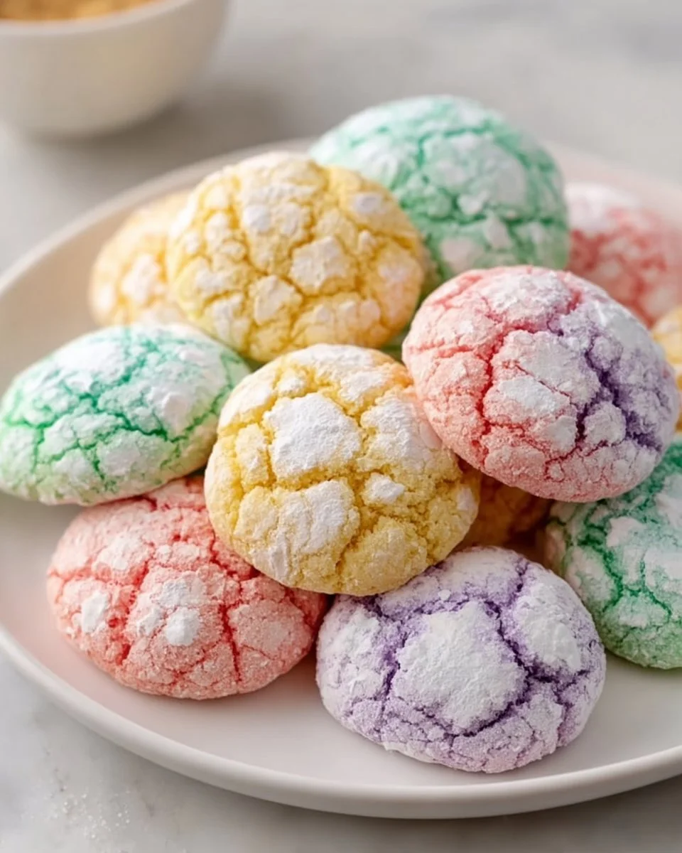 Springtime Crinkle Cookies with a soft texture and powdered sugar coating