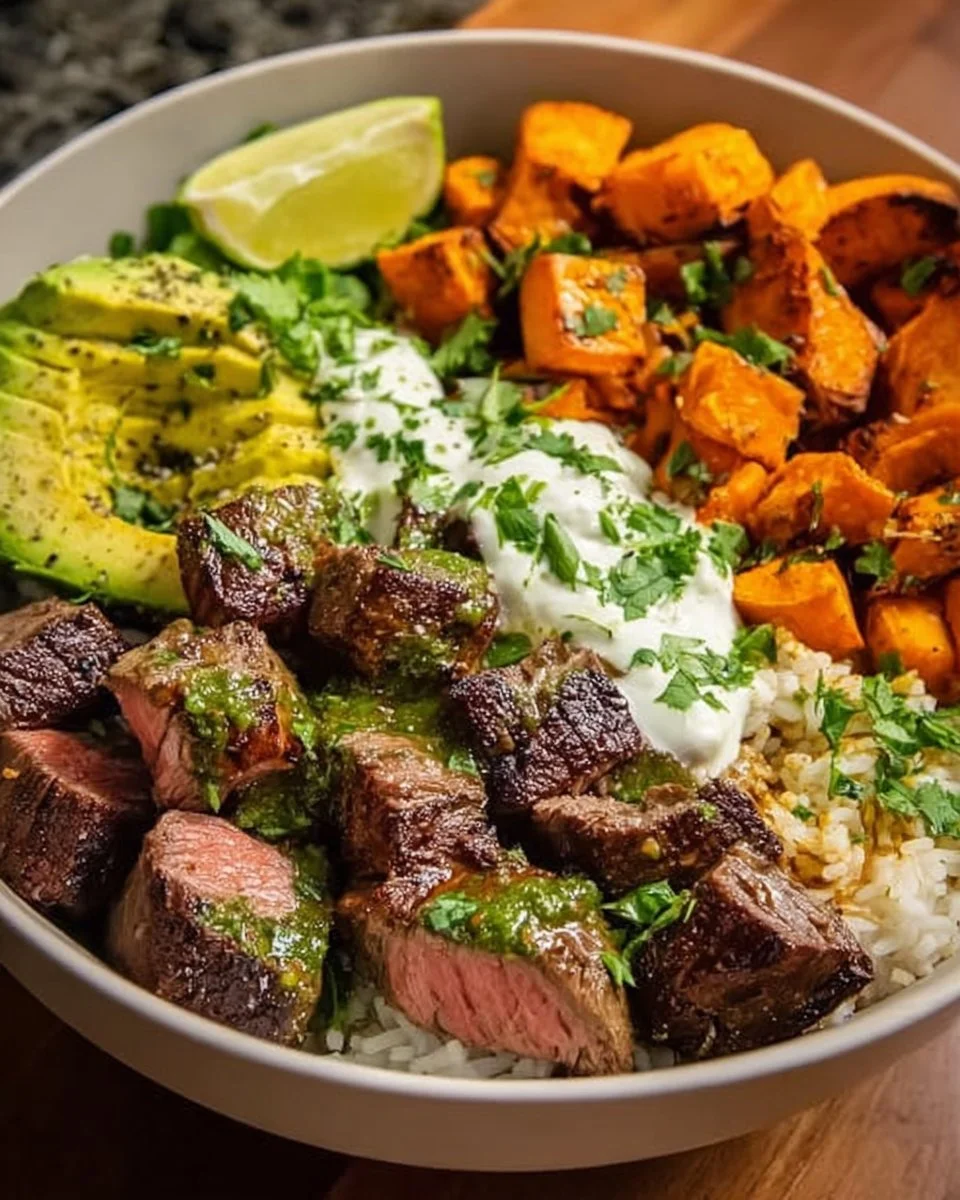 Delicious Steak and Sweet Potato Bowl with fresh ingredients