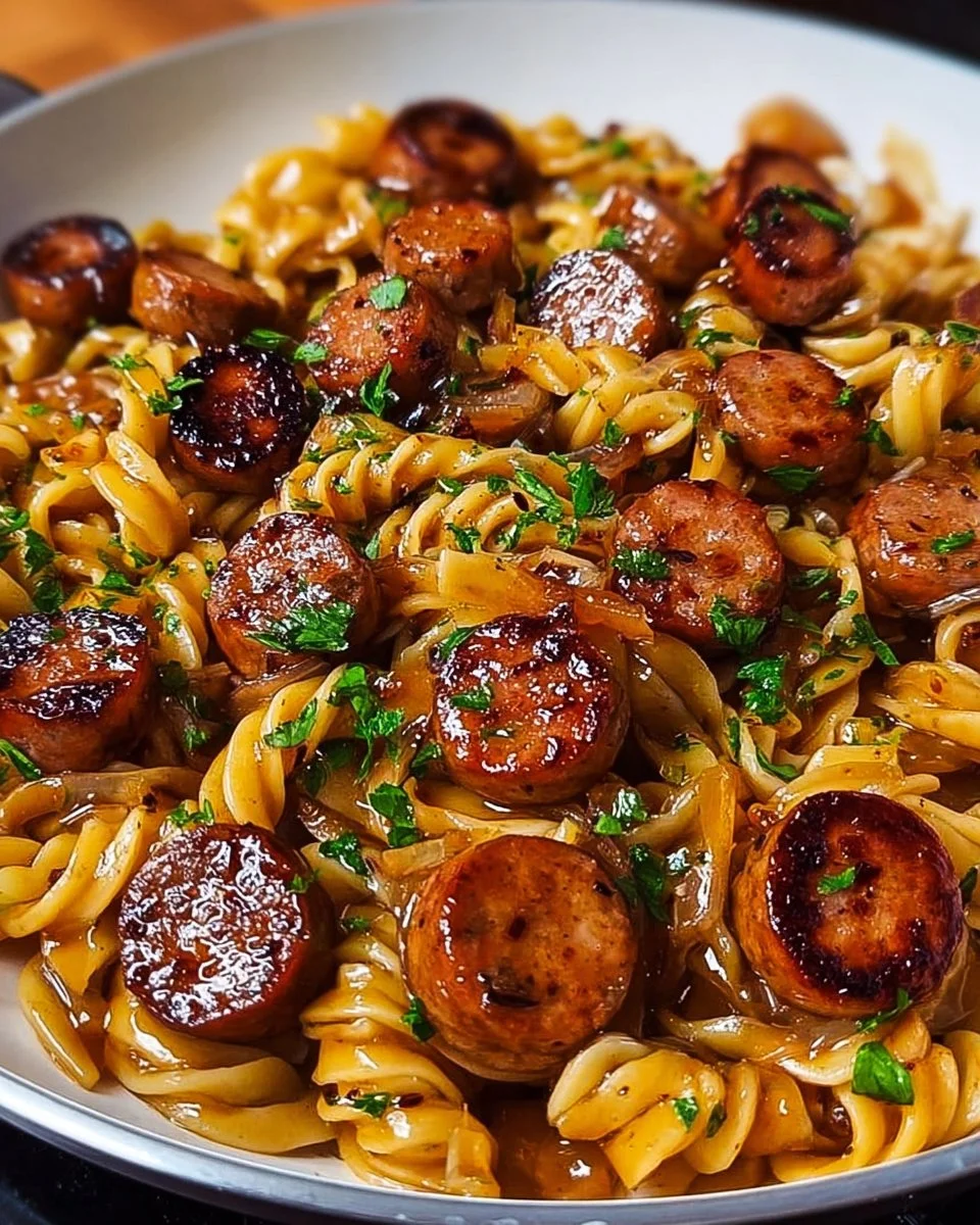 Delicious sticky honey garlic sausage pasta in a skillet dish
