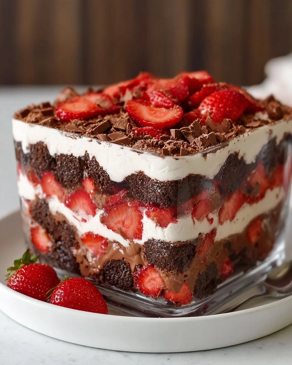 Layered Strawberry Brownie Trifle dessert with strawberries and chocolate brownies
