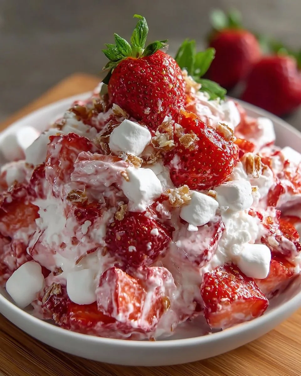 Delicious Strawberry Crackle Salad with fresh strawberries and crunchy toppings
