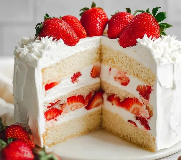 Delicious Strawberry Cream Cake topped with fresh strawberries and whipped cream