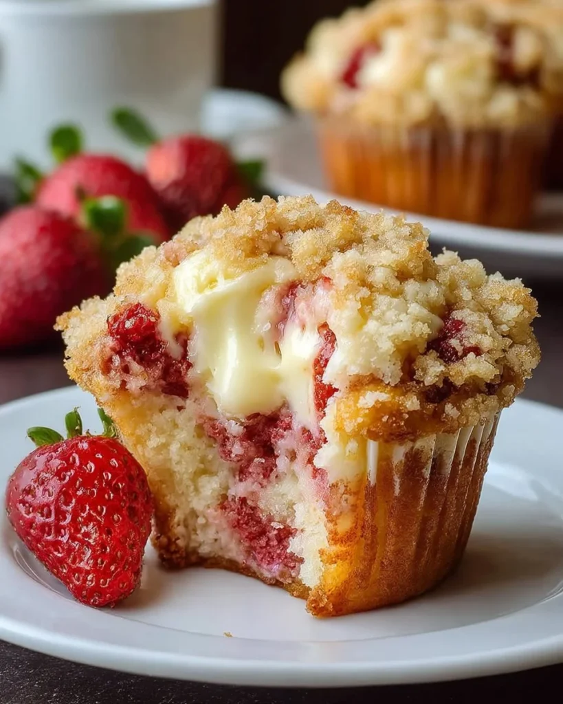 Freshly baked Strawberry Cream Cheese Muffins on a wooden table