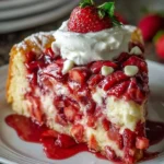 Delicious Strawberry Earthquake Cake topped with strawberries and cream