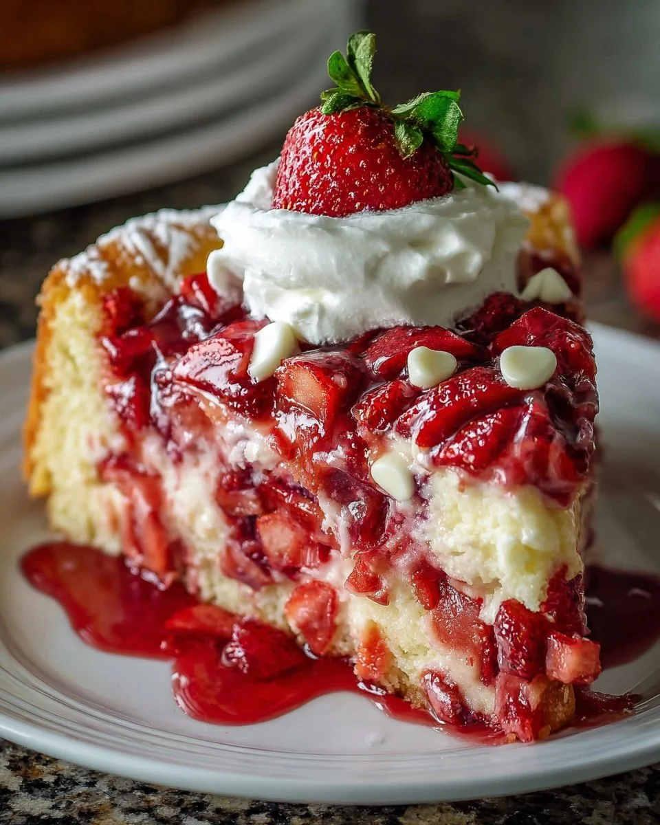Delicious Strawberry Earthquake Cake topped with strawberries and cream