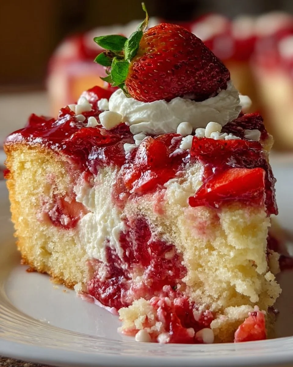 Strawberry Earthquake Cake topped with fresh strawberries and chocolate ganache