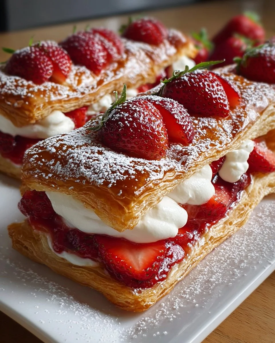 Flaky strawberry puff pastry with fresh strawberries and powdered sugar.