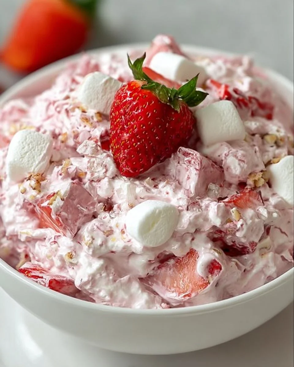 A refreshing bowl of Strawberry Fluff Salad with strawberries and fluff topping.