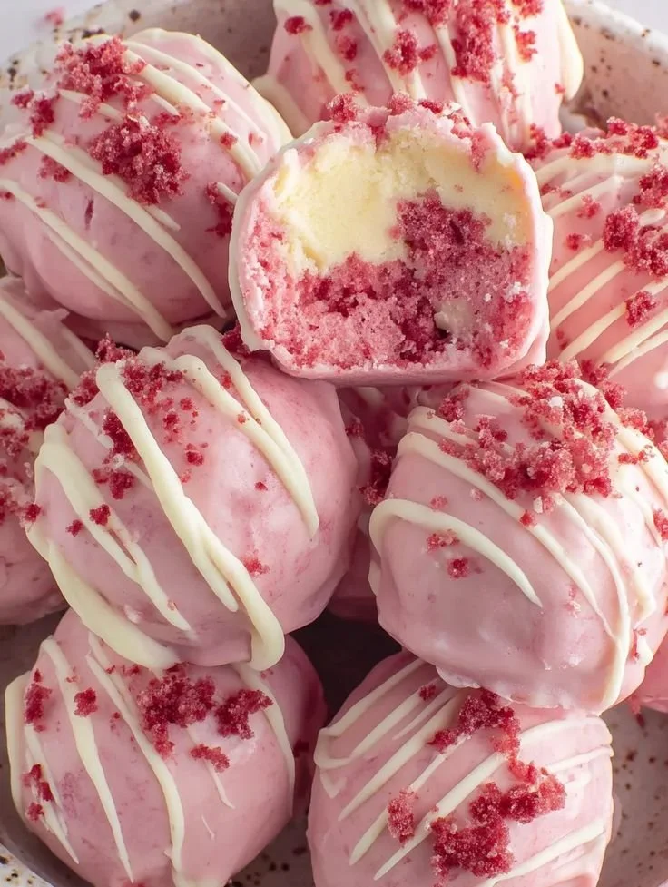 Delicious strawberry shortcake truffles arranged on a platter