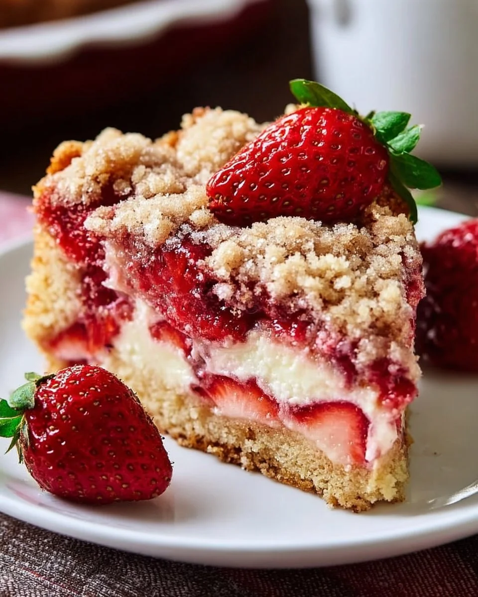 Delicious Strawberry Vanilla Pudding Cake with crumb topping.
