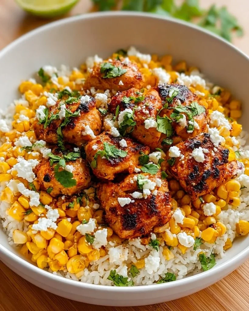 Delicious Street Corn Chicken Rice Bowl with grilled chicken and corn toppings