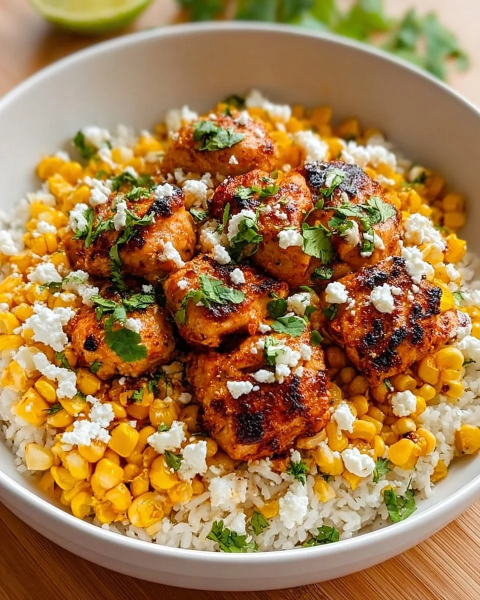 Delicious Street Corn Chicken Rice Bowl with grilled chicken and corn toppings