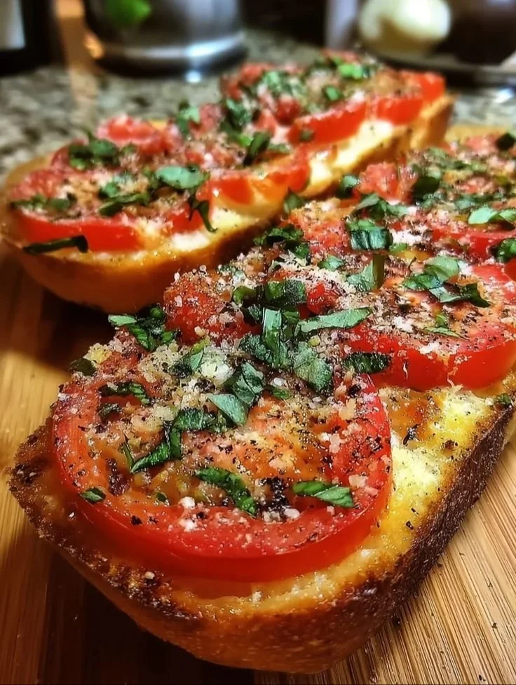 Delicious Tomato Basil Garlic Bread, freshly baked and garnished with herbs.