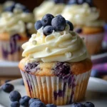 Delicious white chocolate blueberry cupcakes topped with fresh blueberries.