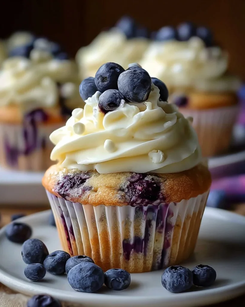 Delicious white chocolate blueberry cupcakes topped with fresh blueberries.