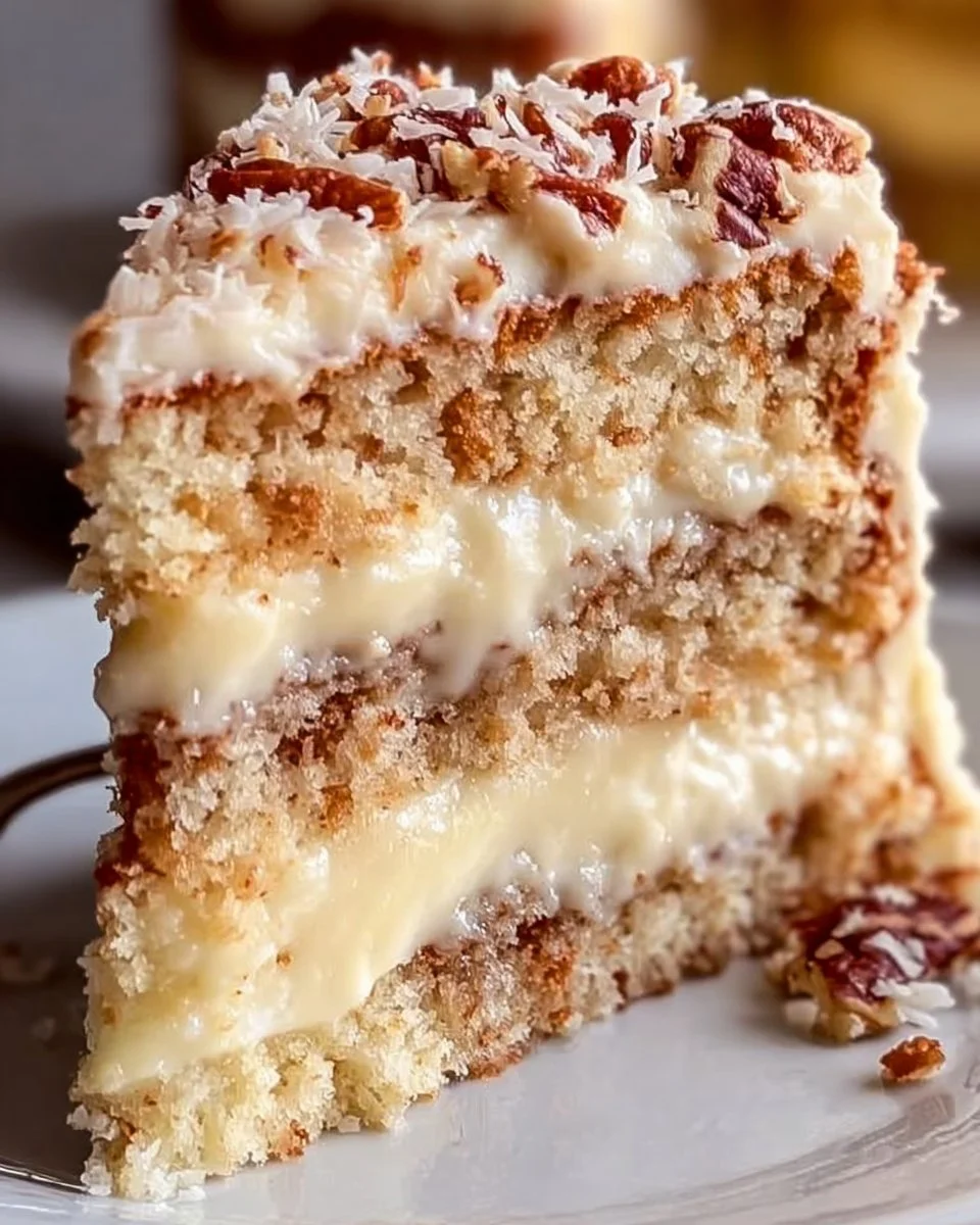 Slice of White German Chocolate Cake topped with coconut and pecans.