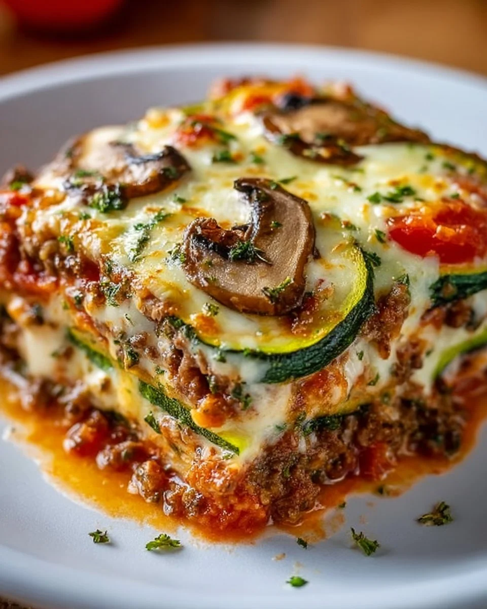 Delicious Zucchini Pizza Casserole served in a baking dish with fresh toppings.