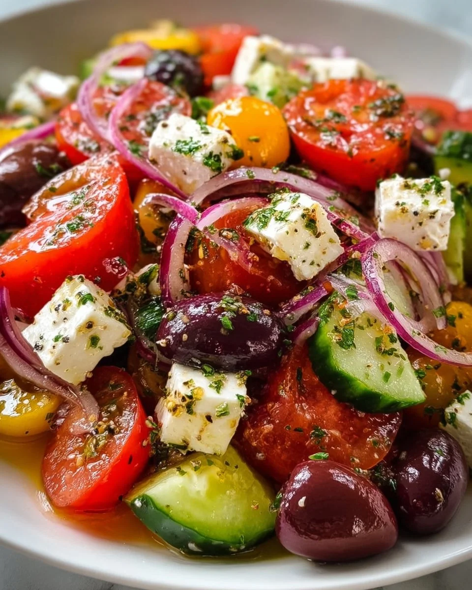 Bowl of authentic Mediterranean Greek salad with fresh vegetables and feta cheese