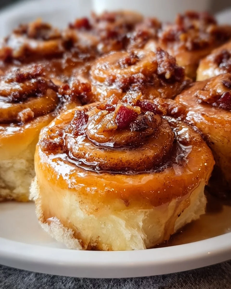 Freshly baked Bacon Maple Cinnamon Rolls topped with maple glaze.