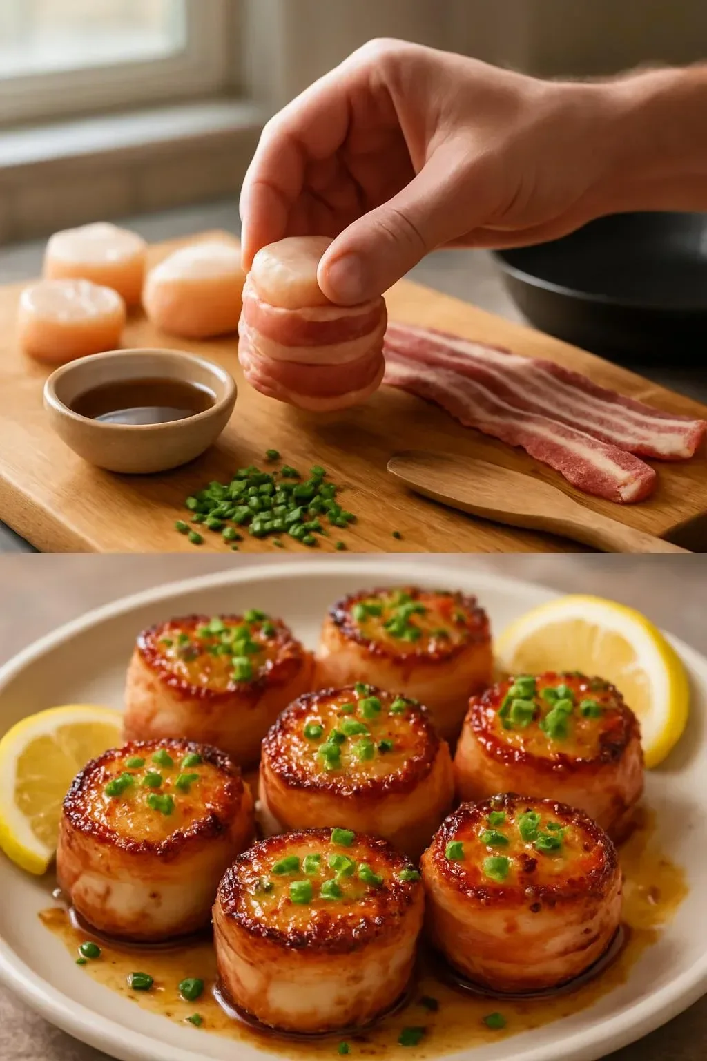 Bacon wrapped scallops drizzled with maple glaze on a serving platter.