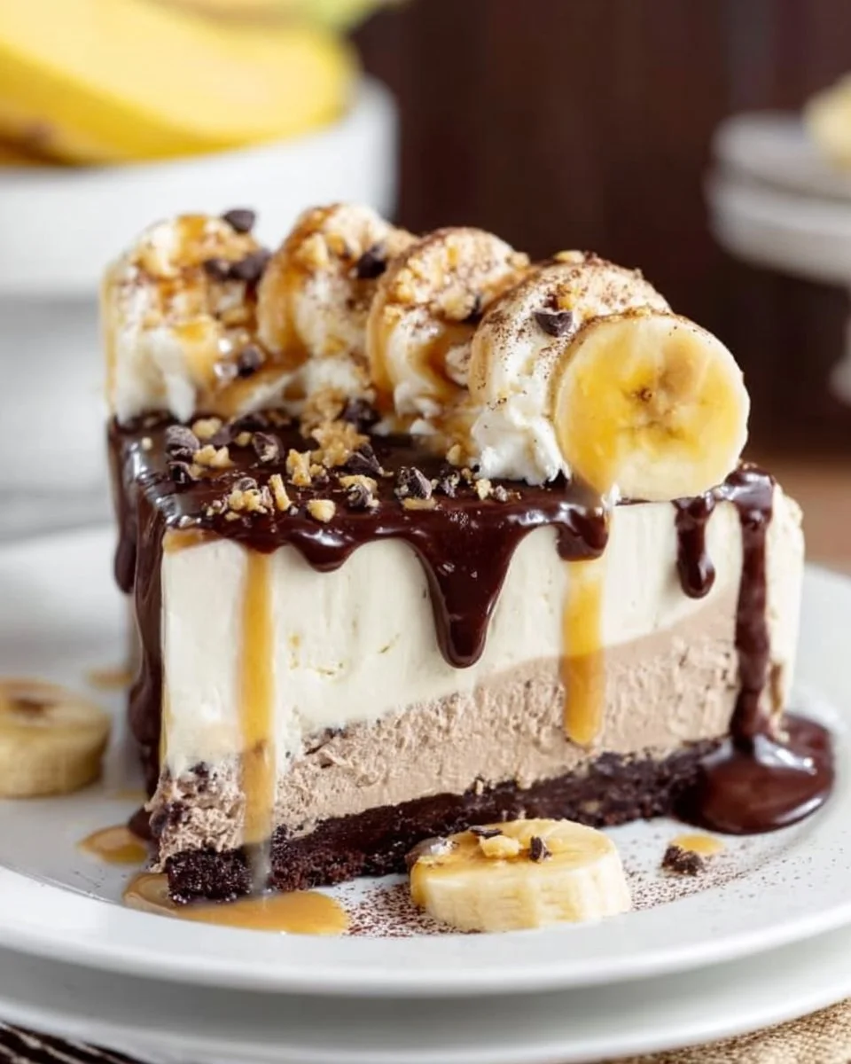 Banana Mocha Ice Cream Cake topped with chocolate and banana slices
