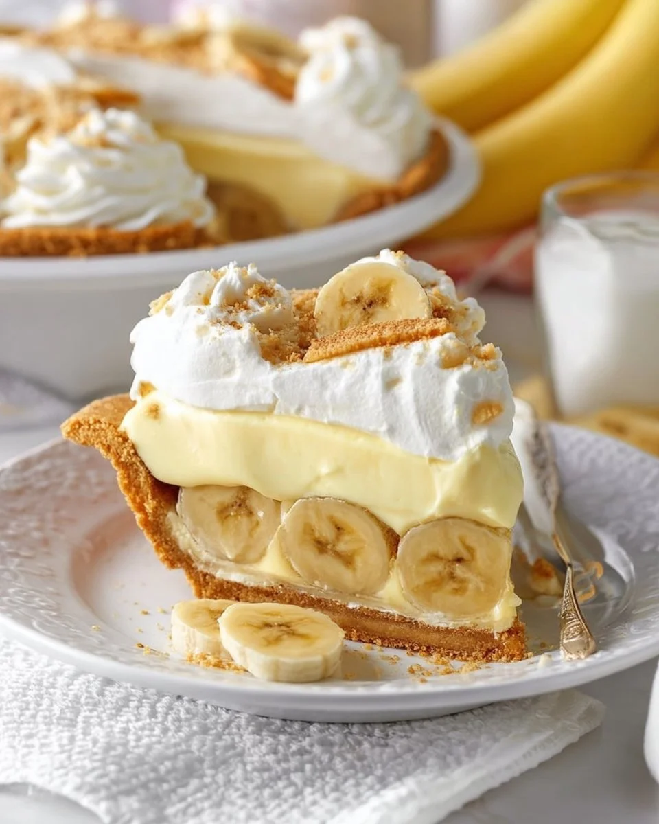 A slice of delicious banana pudding pie with fresh bananas and whipped cream on top.