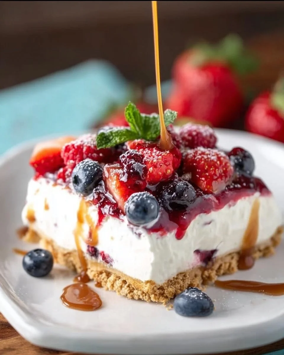 Berries and cream layer dessert with dulce de leche topping