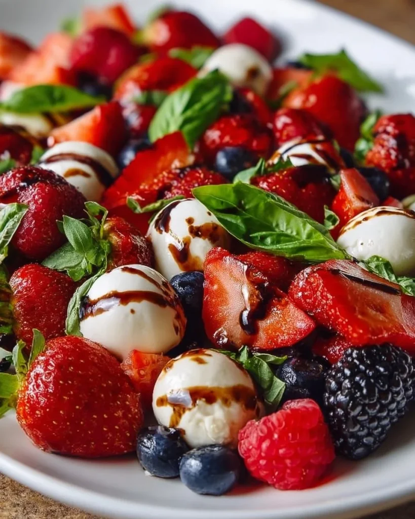 Berry Caprese Salad with mozzarella, fresh berries, and basil on a plate.