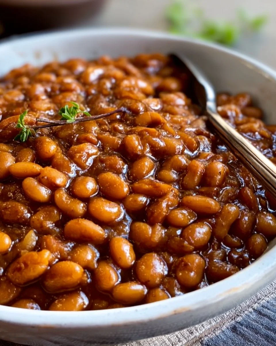 Delicious homemade baked beans served in a bowl with herbs