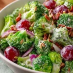 Bowl of classic broccoli salad with fresh vegetables and dressing