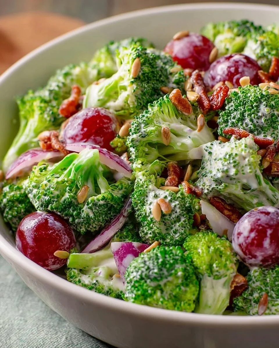 Bowl of classic broccoli salad with fresh vegetables and dressing
