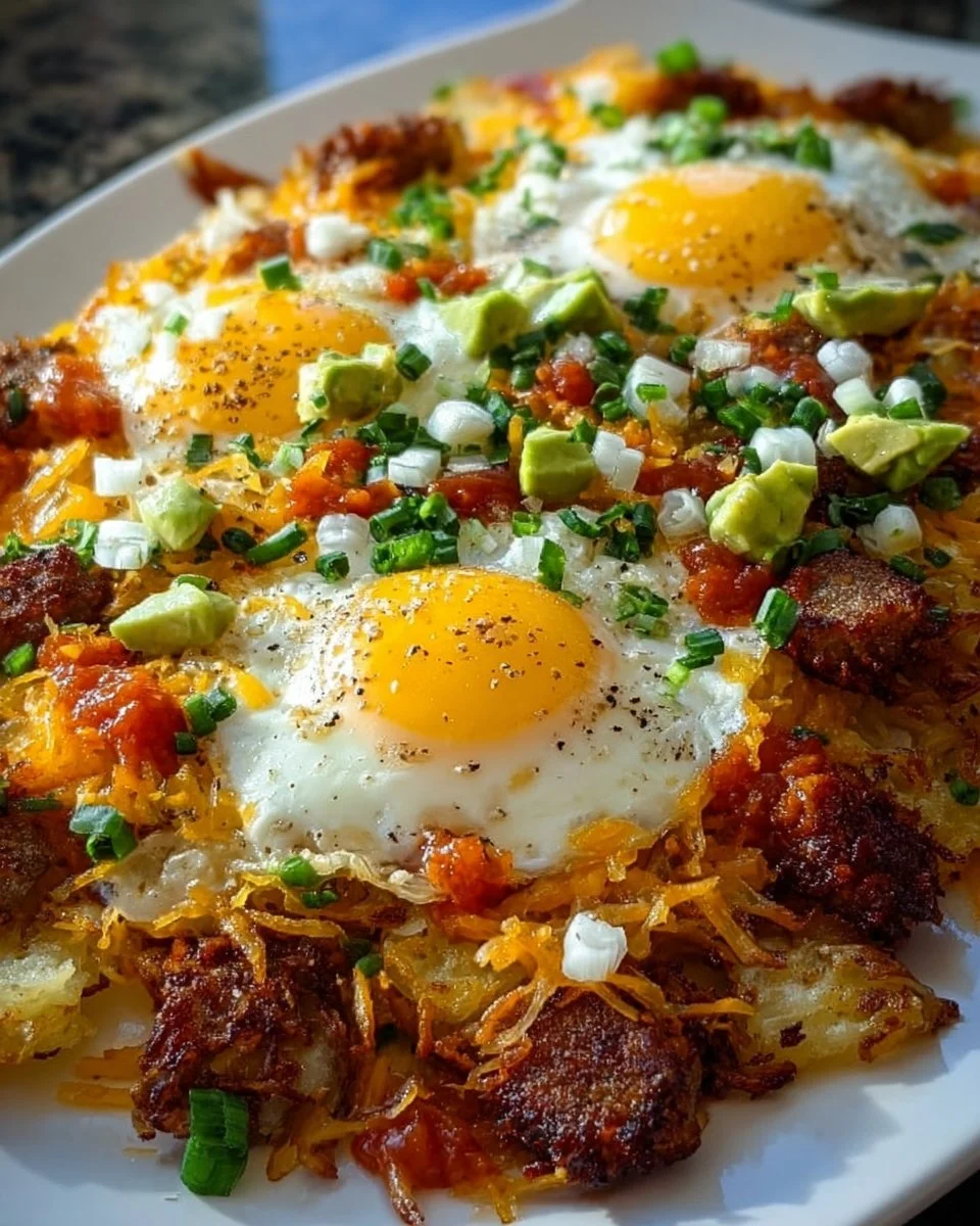 A colorful Breakfast Hot Mess Express featuring eggs, vegetables, and toppings.
