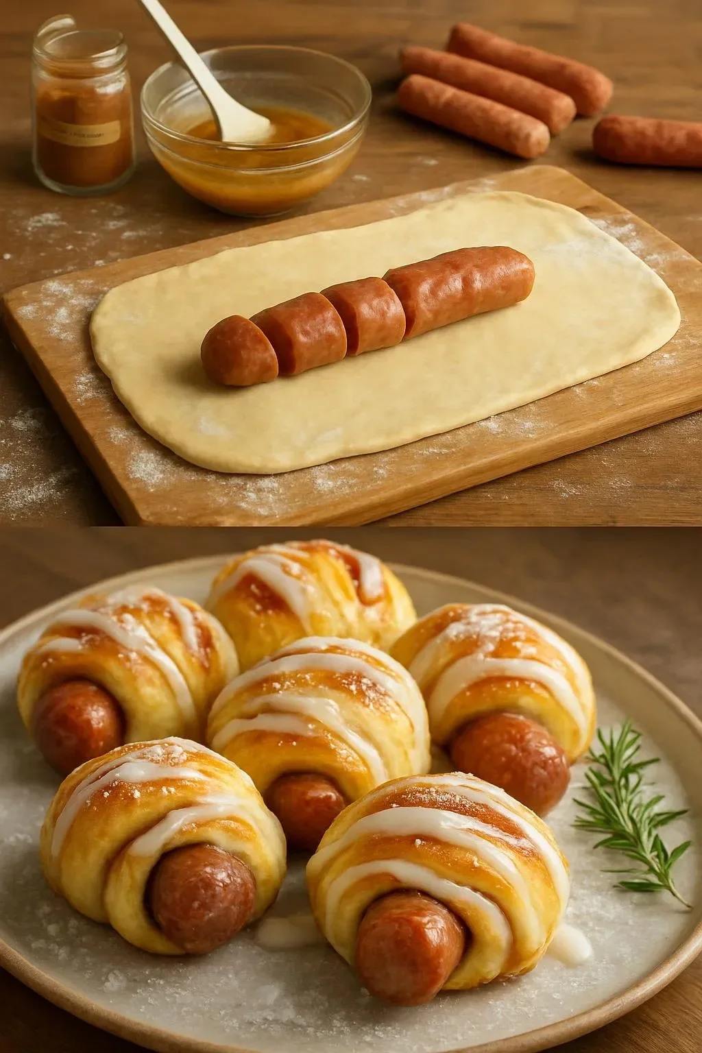 Breakfast Pigs in Cinnamon Rolls with savory sausage wrapped in sweet cinnamon dough